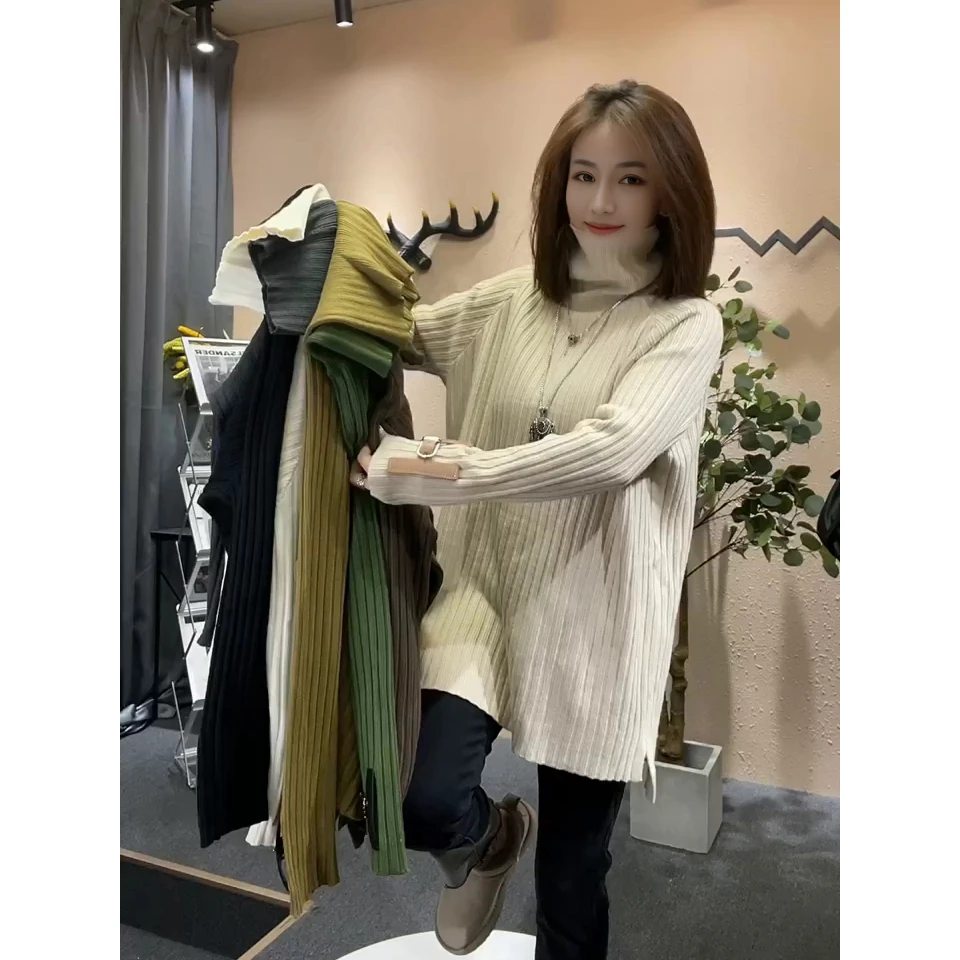 秋冬新款坑条卡扣袖标高领洋气毛衣上衣