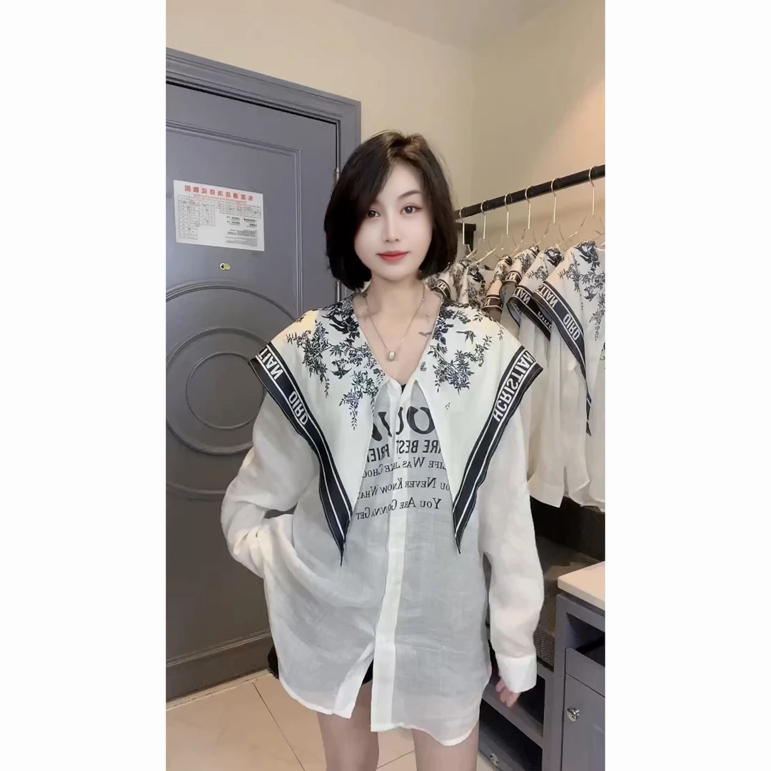 轻奢款字母丝巾领宽松衬衫夏季新款小众印花百搭设计感上衣女装