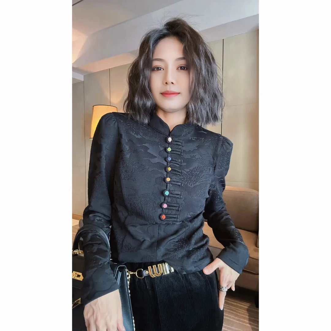 中国风立体彩色盘扣新中式上衣时尚复古ins立领长袖新中式衬衫
