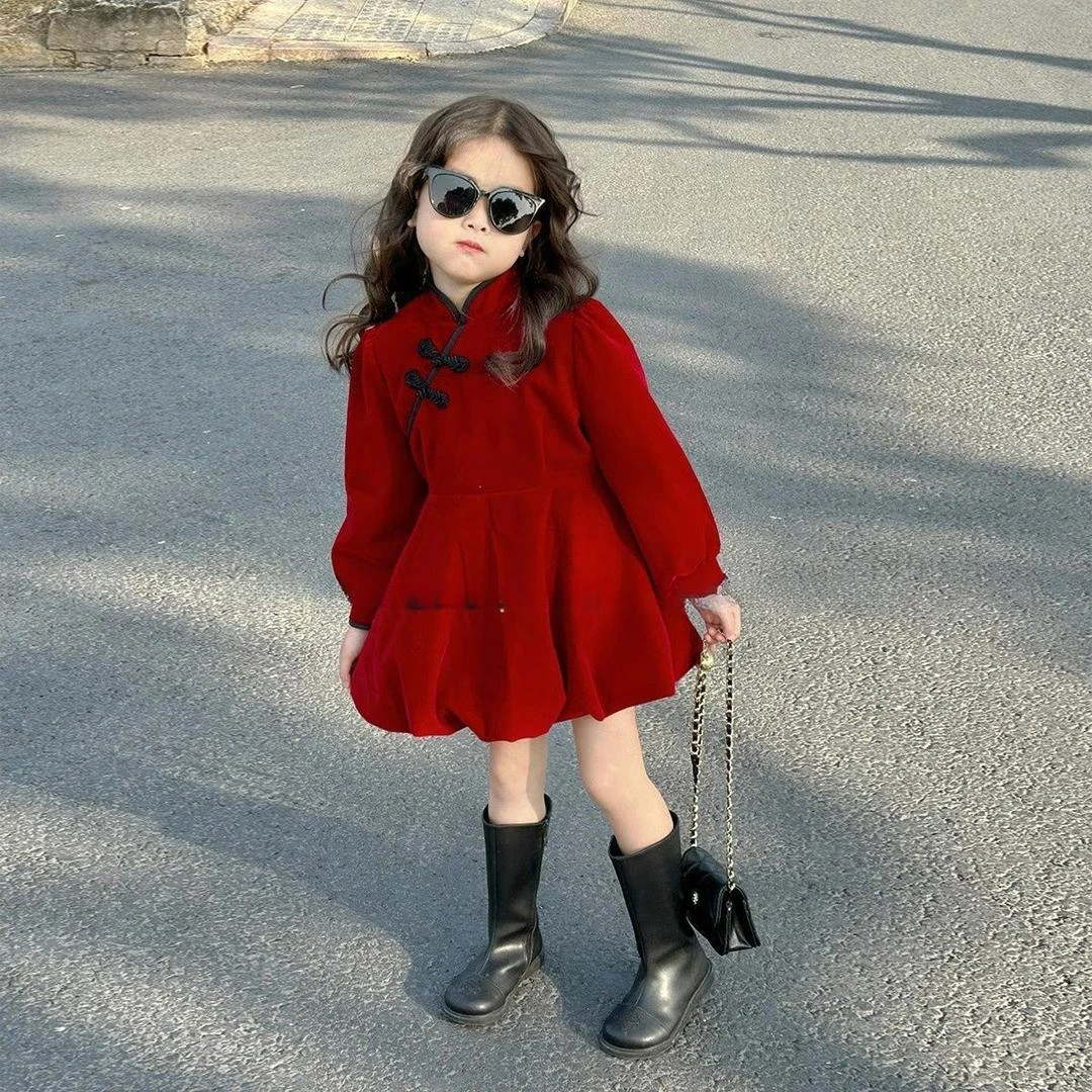 新中式童装2024秋冬新款新年女童加绒旗袍连衣裙女宝宝丝绒花苞裙