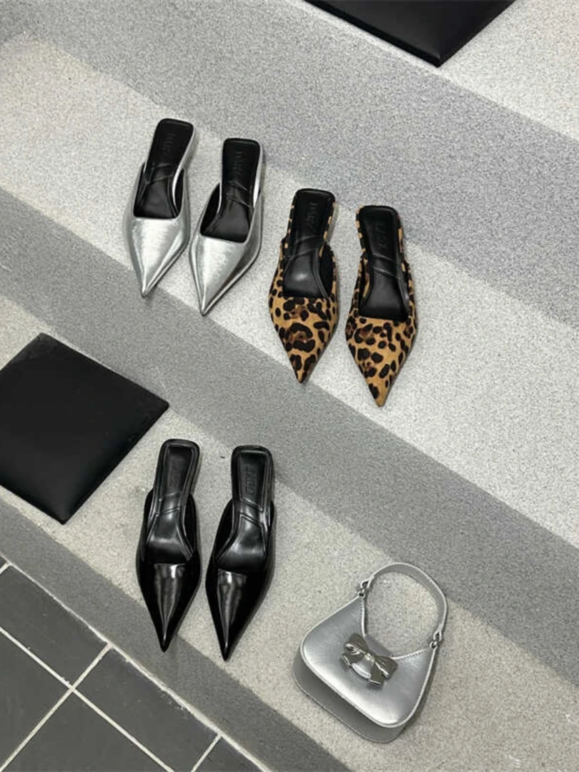 2024春夏新款豹纹显瘦尖头细跟中跟拖鞋低跟百搭包头半拖外穿凉拖
