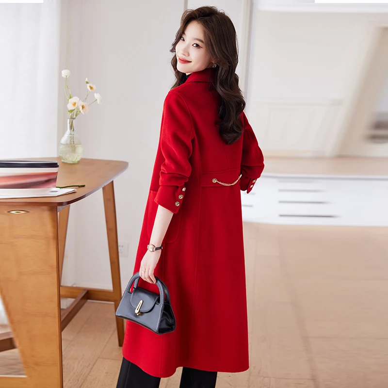 红色绵羊毛中长款上衣女新款高端时尚长款呢子大衣毛呢外套9938