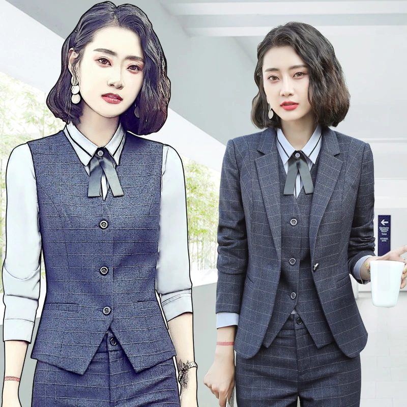 2025春秋蓝色格子西装套装女职业装工作服时尚正装气质英伦西服ol