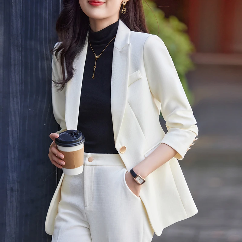 白色西装外套女春秋时尚高级感ol气质工作服职业装西服套裤8601