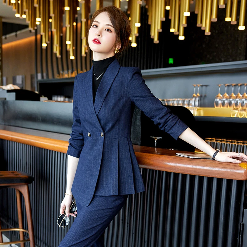 条纹通勤长袖修身西装外套女春秋新款气质职业套裤工作服西服2212