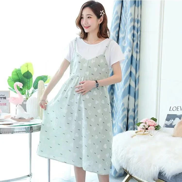 夏装孕妇装时尚新款简约碎花大码短袖拼接假两件中长款孕妇连衣裙