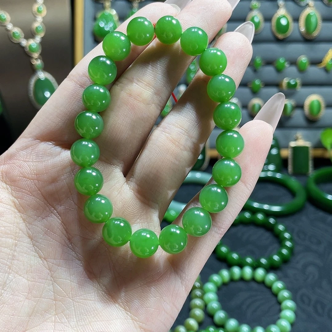 和田玉手串未镶嵌冰阳绿 有黑点 10+