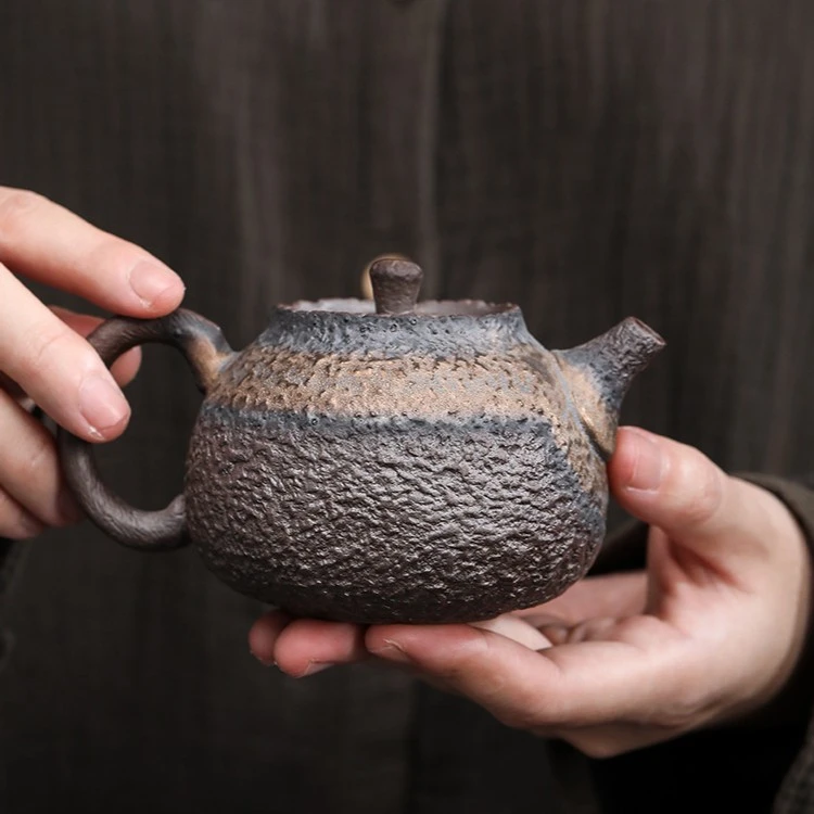石纹正把壶手工复古日式粗陶小茶壶铁釉单壶普洱急需泡茶器