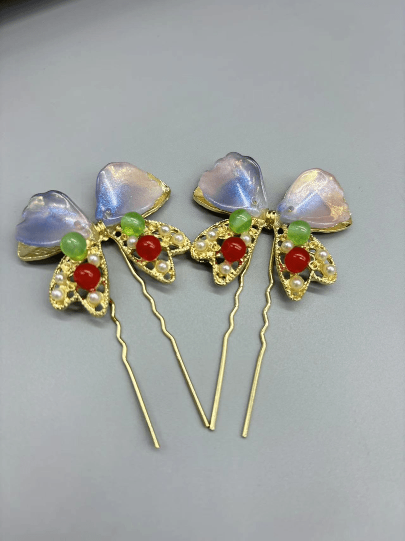 SX342紫色琉璃蝴蝶结手工发钗蓝色发簪古风彩色珠珠幻彩烧蓝素款