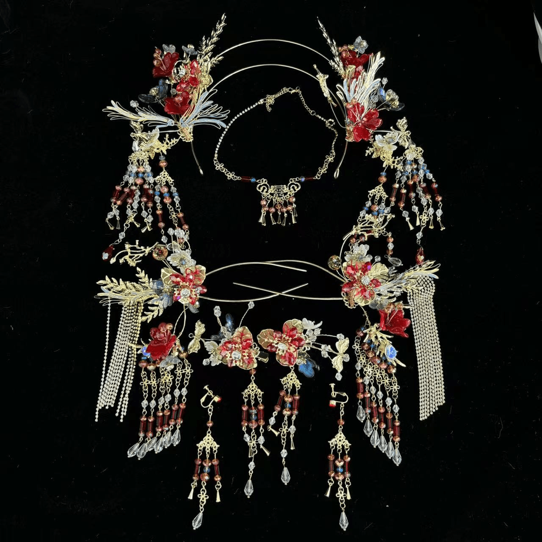 《重工发冠套装》手工制作中式国风红色古风结婚新娘超仙明制宫廷风