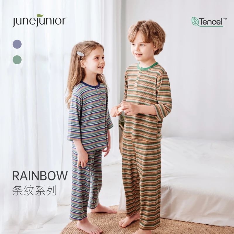 junejunior儿童睡衣夏季薄款七分袖长裤套装高弹透气莫代尔空调服