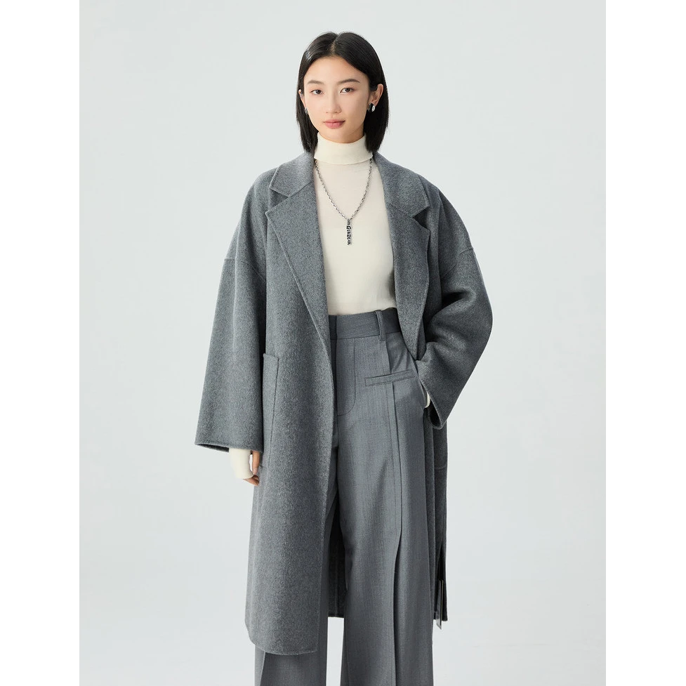 阿玛施简洁大气廓形大口袋长款双面呢大衣女5400952