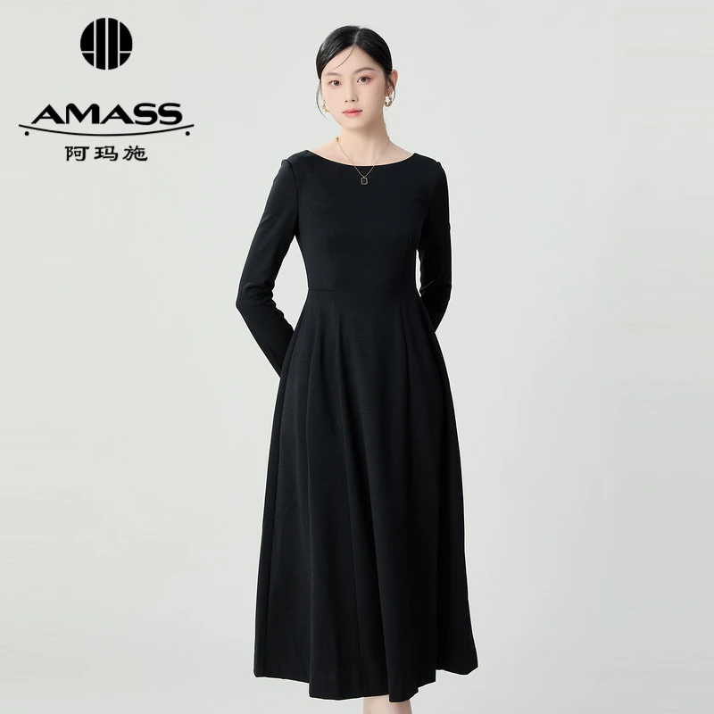 阿玛施AMASS简约气质圆领收腰伞裙长袖连衣裙裙子5500564
