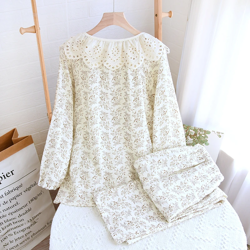 甜美公主风纯棉纱布睡衣女款长袖春秋季家居服大码棉纱可外穿套装