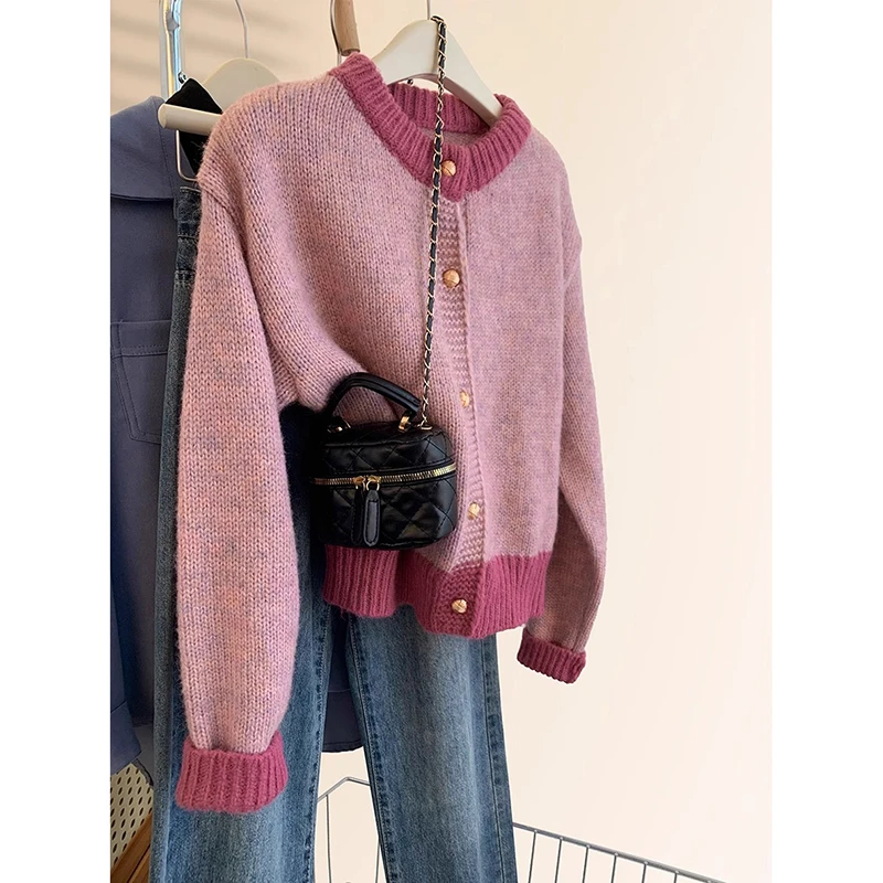小香风粉色针织开衫外套女春秋新款宽松韩版洋气外搭短款毛衣上衣