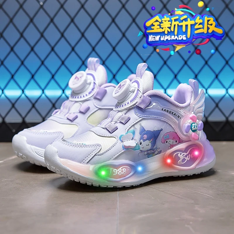 秋冬季女童库洛米新款皮面保暖软底风车发光亮灯鞋儿童纽扣运动鞋