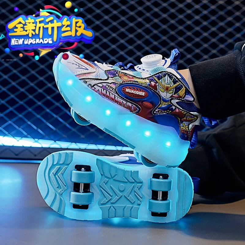 奥特曼时尚充电发光溜冰鞋男童炫酷轮子鞋中大童运动男孩暴走鞋