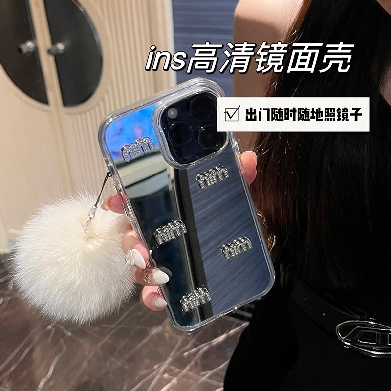镜面苹果15promax手机壳秋冬毛绒新款iPhone14高端上档次13网红套