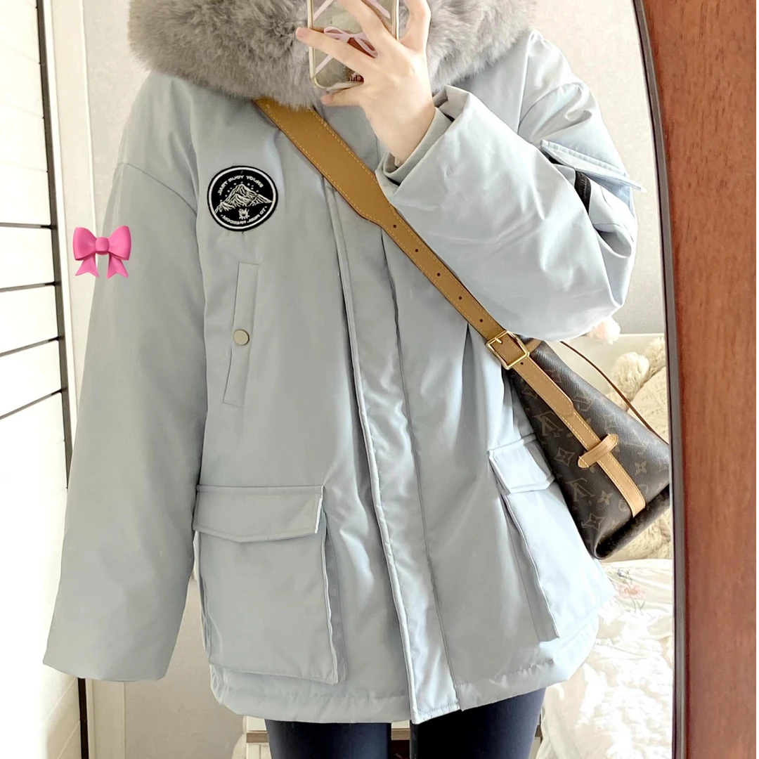 300斤特大码女装天空蓝加绒加厚棉服秋冬高级感保暖工装派克服女