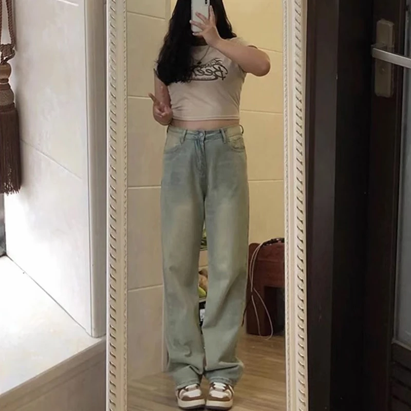 300斤特大码女装牛仔裤女胖mm美式复古高街泥色直筒宽松阔腿裤