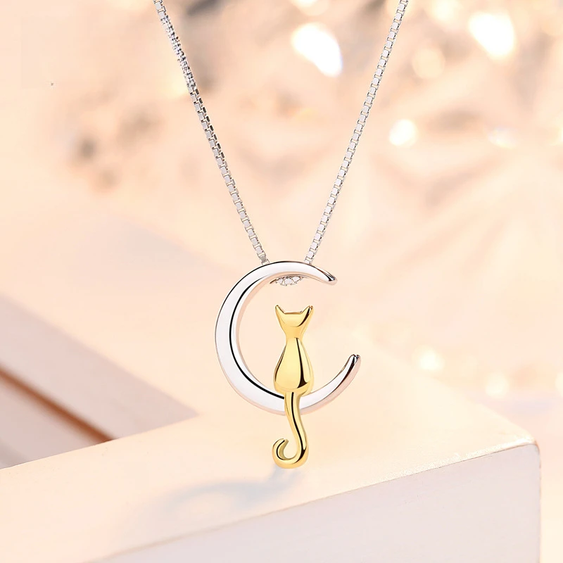 坠链均925银 月亮猫咪纯银项链女款气质简约设计感锁骨链时尚饰品