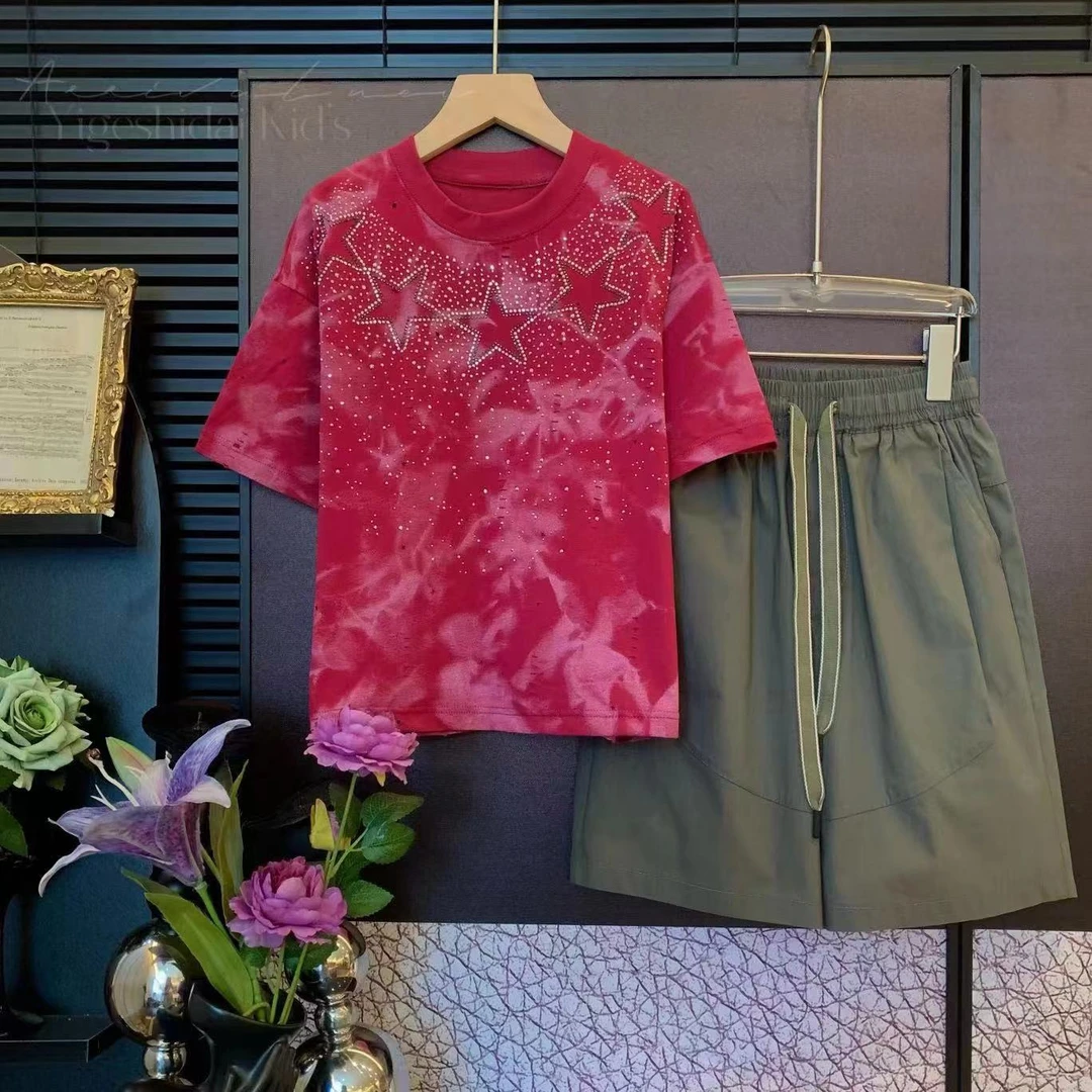 【现货】儿童潮童翅膀短袖韩版洋气男童轻薄休闲夏季T恤套装YG6042