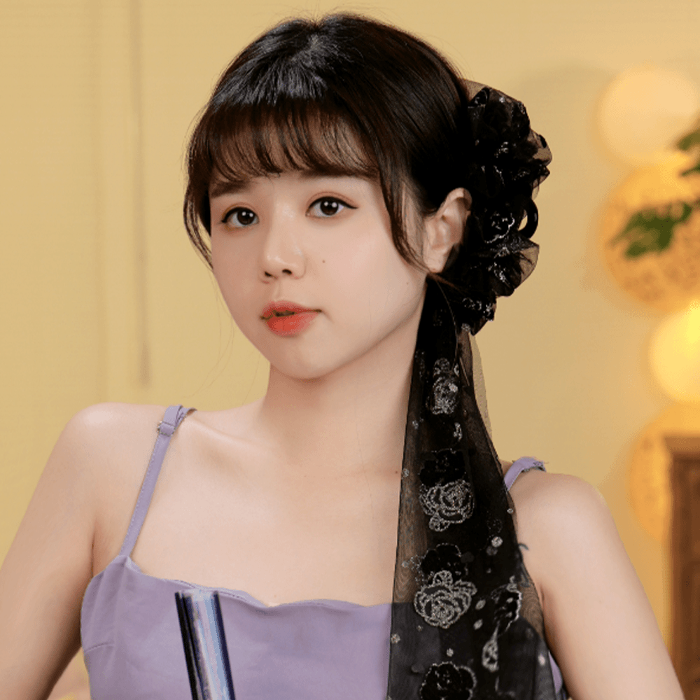 （黑玫瑰）新中式刺绣镶钻飘带抓夹网红气质鲨鱼夹黑色头饰发夹L