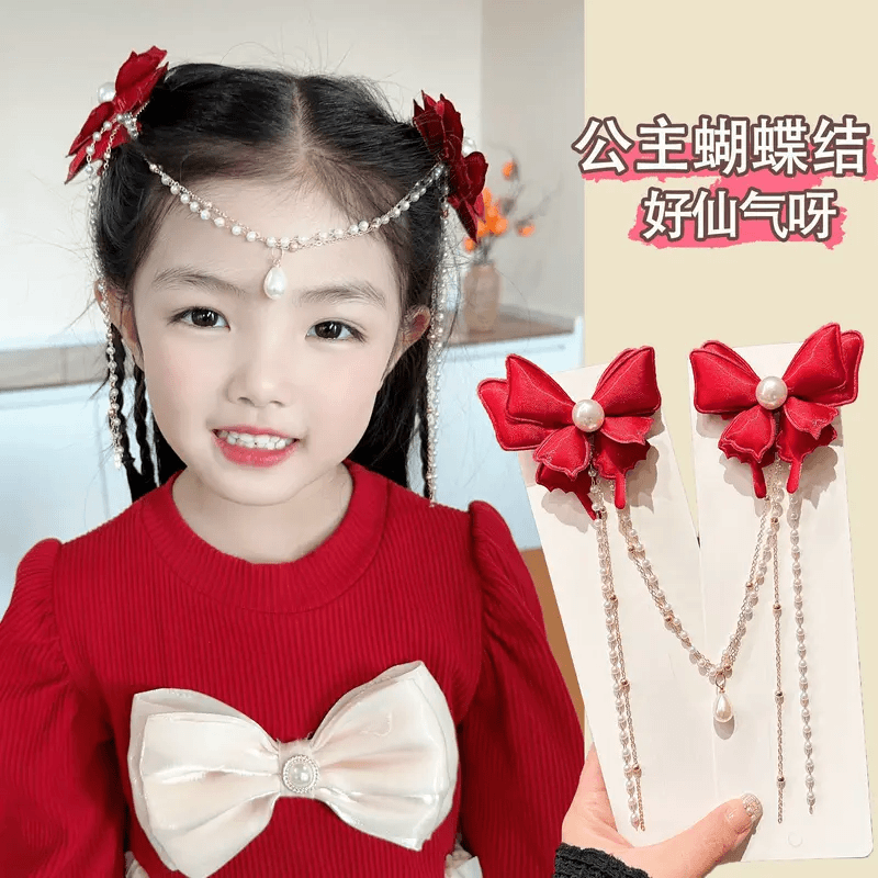 儿童红色蝴蝶结发饰女童吊坠仙气公主发夹中国风气质发饰女孩发G