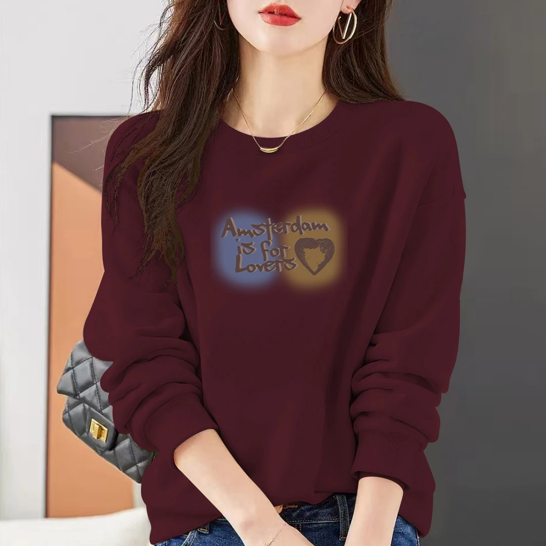 安可拉红色长袖印花卫衣2024秋季时尚新款宽松百搭上衣圆领显瘦女