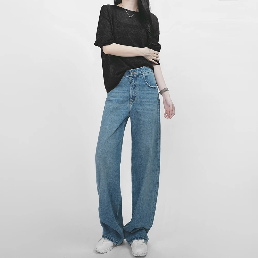 秋季新款时尚通勤阔腿牛仔裤高质量显瘦窄版高腰百搭牛仔裤女休闲