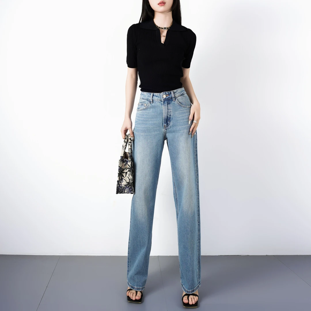 WENDY·HUANG时尚新款直筒牛仔裤女高腰修身显瘦宽松时尚窄版阔腿