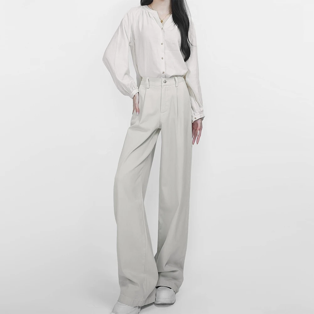 冬季新款气质加绒加厚高级直筒阔腿牛仔裤高腰宽松垂感白色女裤子