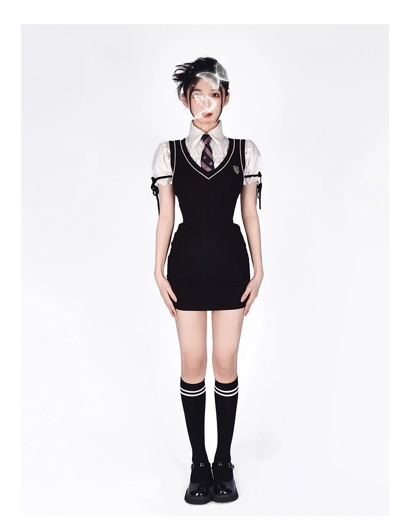 韩系辣妹学院风短袖jk衬衫女收腰包臀修身马甲背心连衣裙纯欲夏季