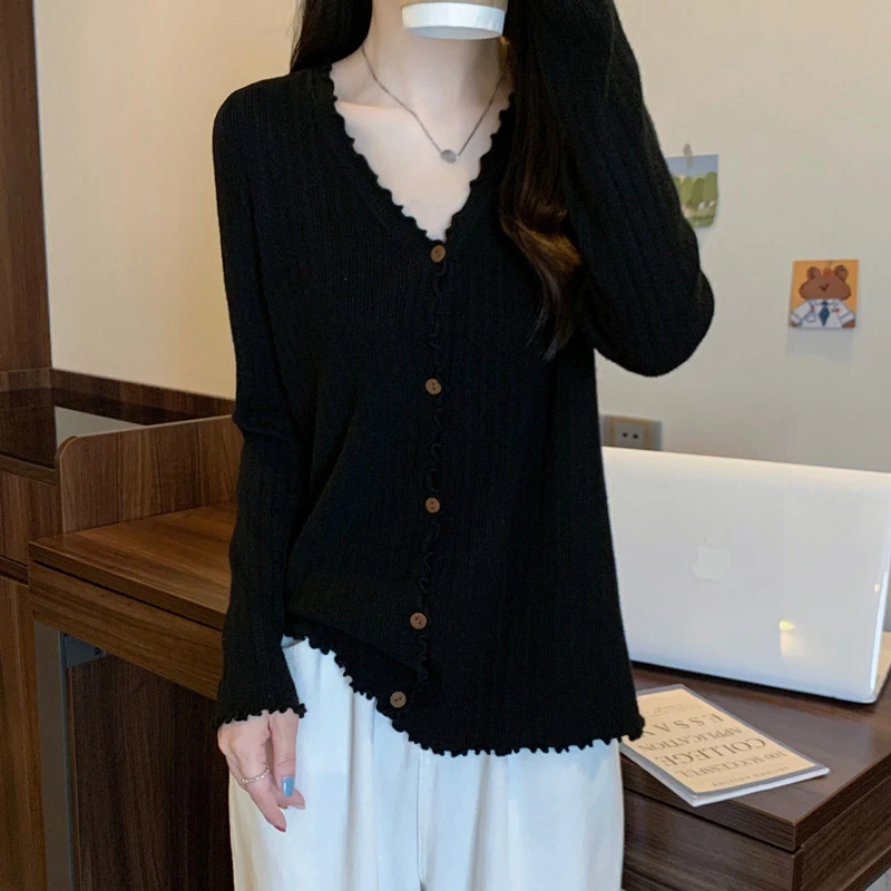 大码胖MM休闲v领木耳边长袖针织开衫女宽松遮肚显瘦内搭打底上衣