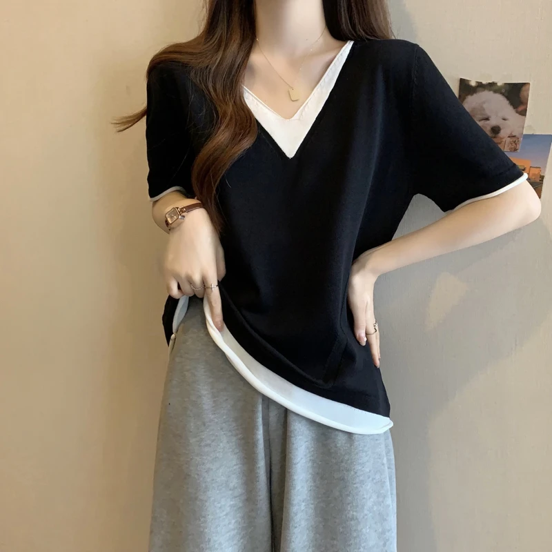 大码休闲假两件V领冰丝针织短袖t恤女夏季胖mm宽松显瘦撞色上衣服