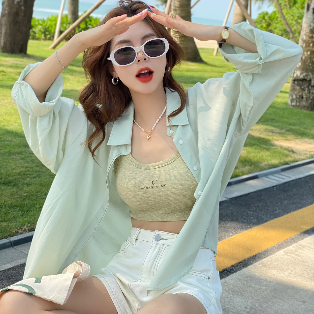 薄荷曼波开衫夏季薄款天丝衬衣慵懒宽松纯色设计防晒外套上衣长袖