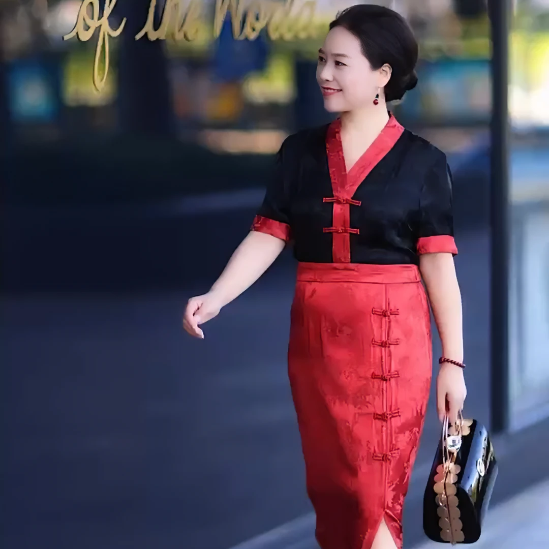 《心心相依》中国风收腰显瘦时尚提花锻复古拼接设计气质旗袍女装