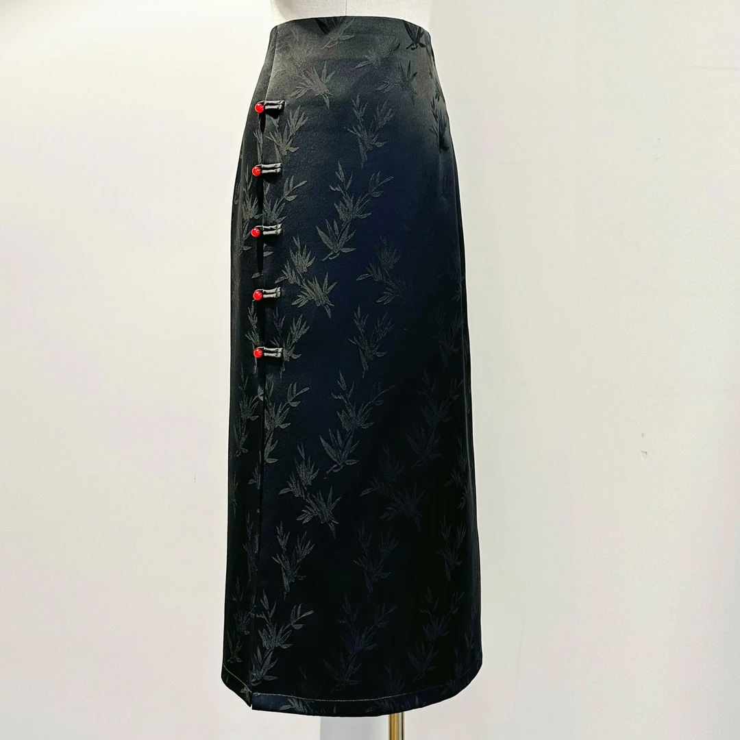 美爱《玉扣半身裙》盘扣醋酸半身裙国风提花高腰包臀裙秋冬半身裙