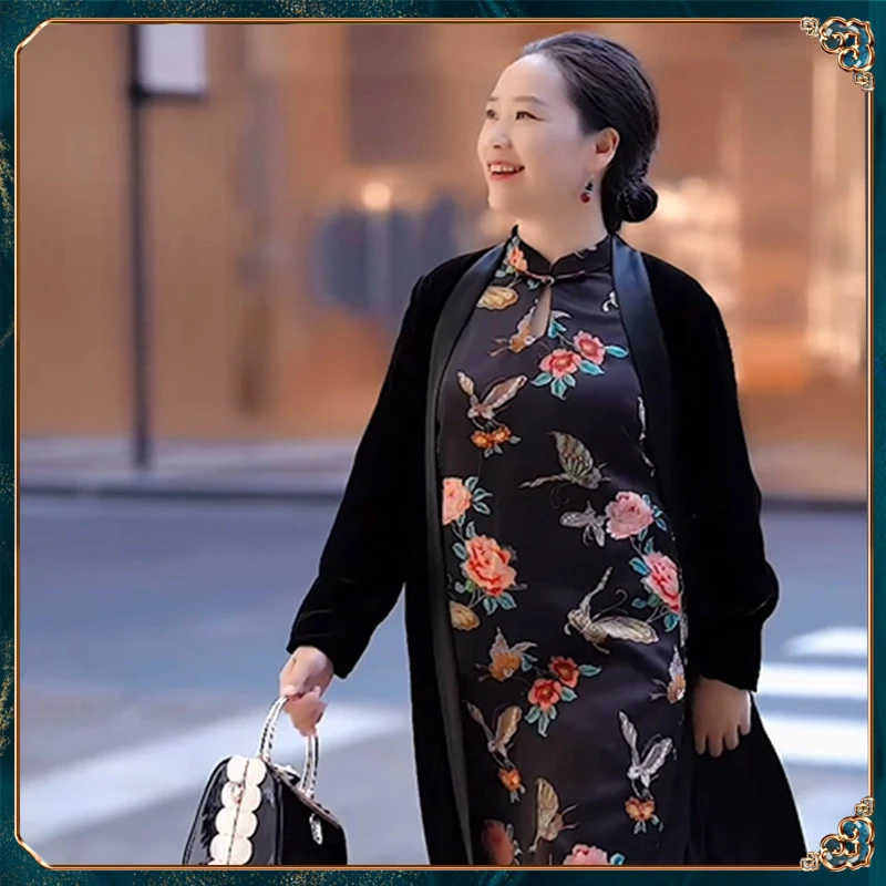 美爱《花香蝶舞》真丝提花春秋冬新款中式风宽松大气连衣裙Q421