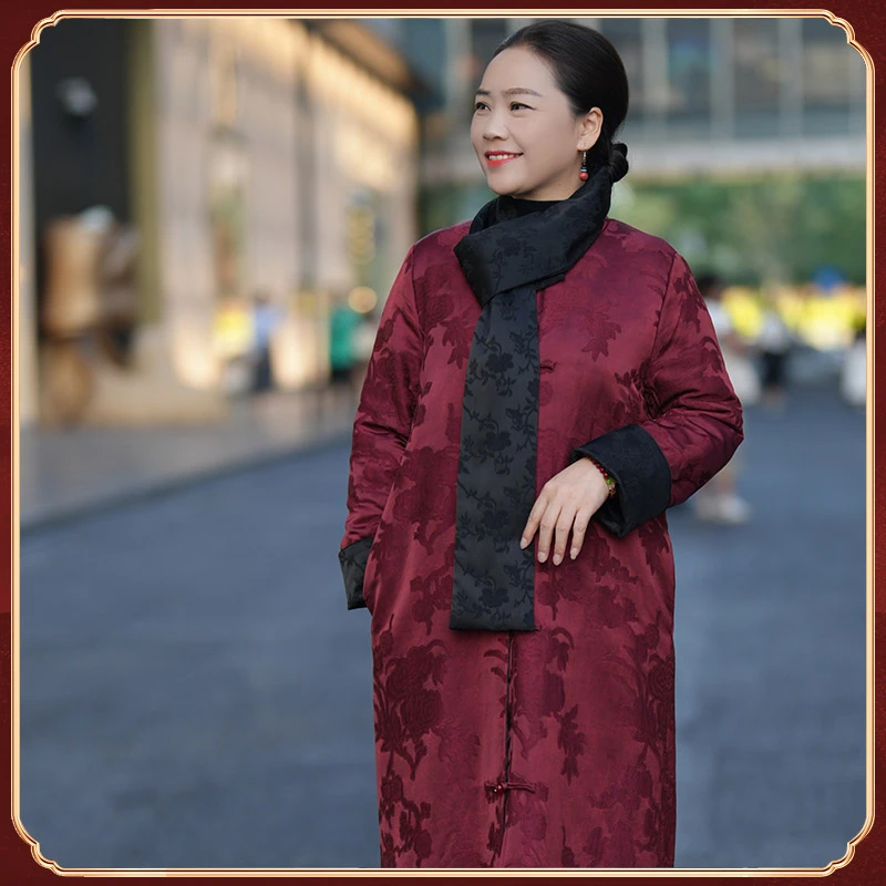 美爱《双面穿棉服》2024冬季中长款真丝提花高级感国风大衣W457