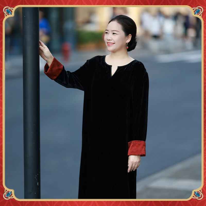 美爱《一品夫人》国风大气秋季新款真丝中国风丝绒中式连衣裙Q426