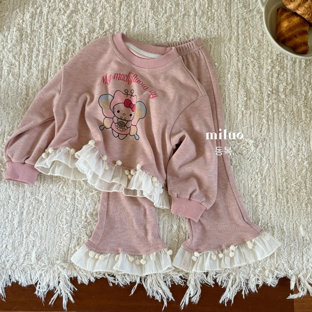 女童春秋新款韩版长袖+长裤休闲两件套装花边可爱甜美潮童穿搭905