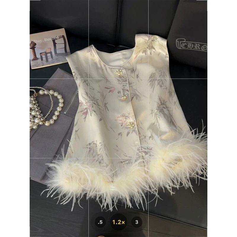 新中式竹子提花马甲背心羽毛高级感2024秋季新款气质国风上衣0589