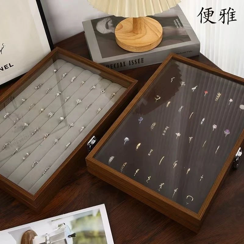 木质轻奢黑胡桃色戒指百位戒指展示盒耳钉戒指首饰戒指收纳盒