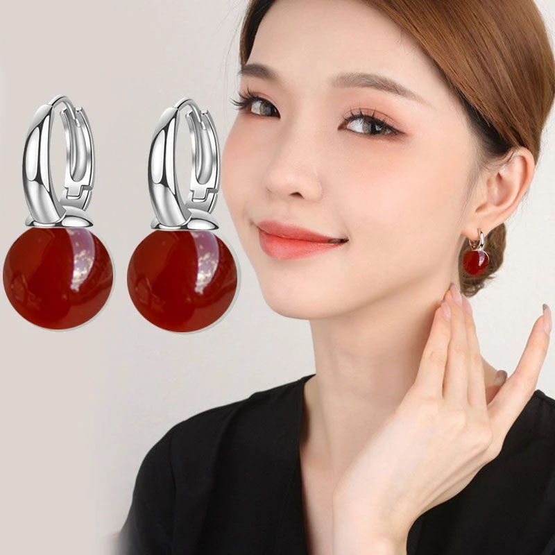 925纯银耳扣天然玛瑙耳环女优雅大气时尚名媛气质耳坠耳饰品