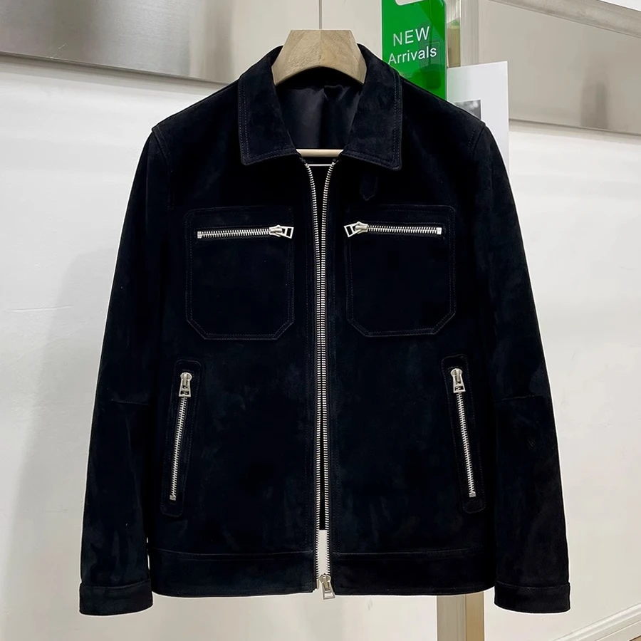 奢雅酷黑出场 进口反绒混种小羊皮夹克 男短款真皮皮衣外套翻毛皮