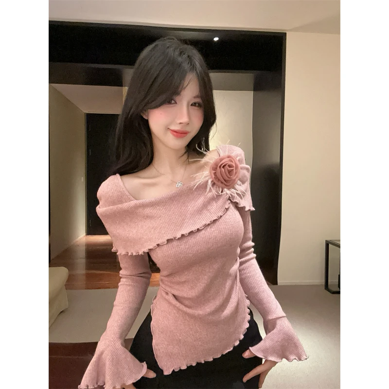 韩版小众立体花朵方领喇叭袖针织衫修身褶皱设计感甜美长袖内搭女