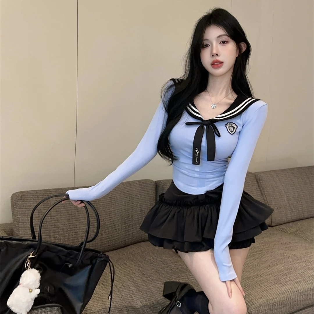 辣妹JK套装减龄海军领拼接女装上衣百搭蛋糕短裙夏季两件套秋季