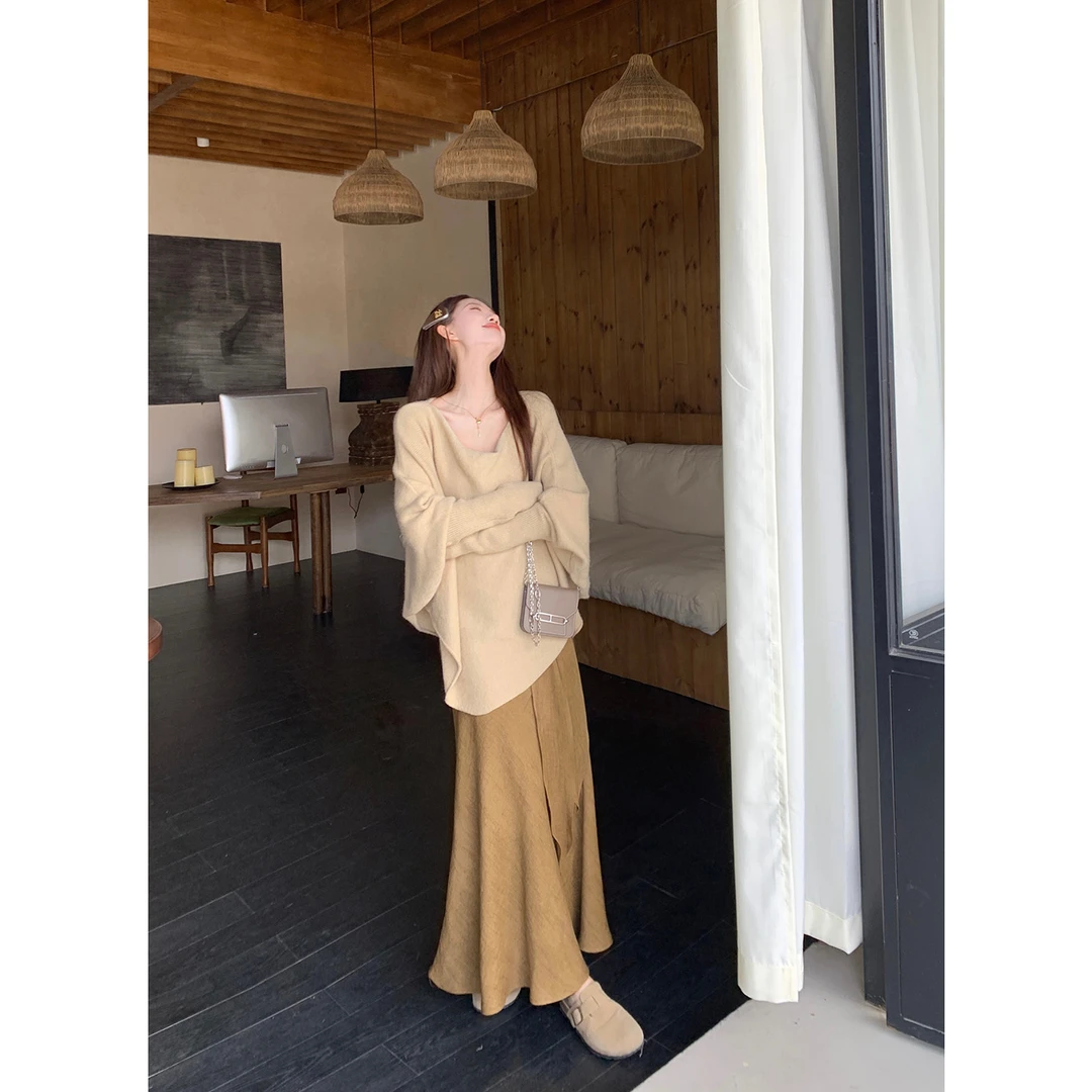 秋季新款慵懒风氛围感宽松显瘦蝙蝠袖毛衣飘带a字鱼尾裙两件套女