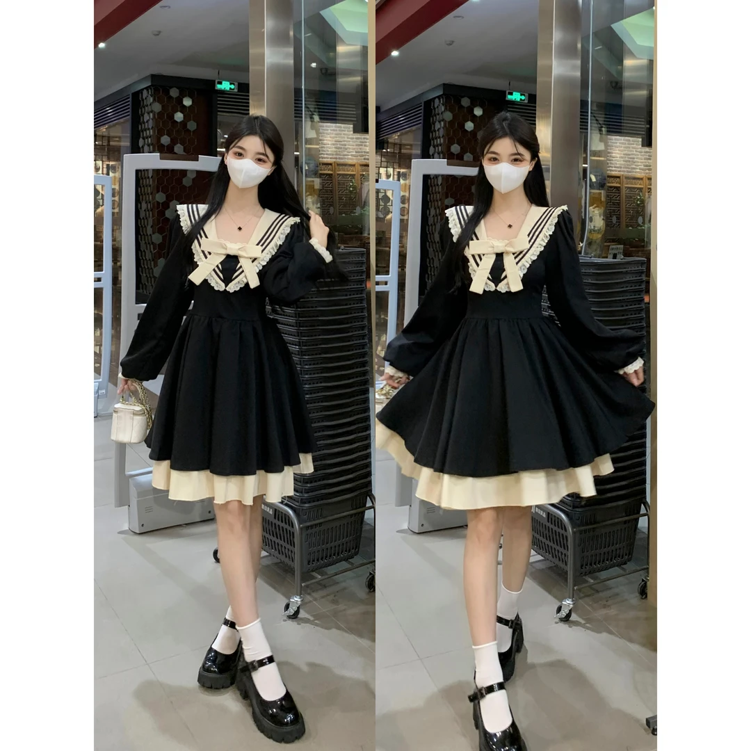 大码海军领法式赫本风连衣裙长袖2023新款女装蓬蓬裙胖mm黑色裙子